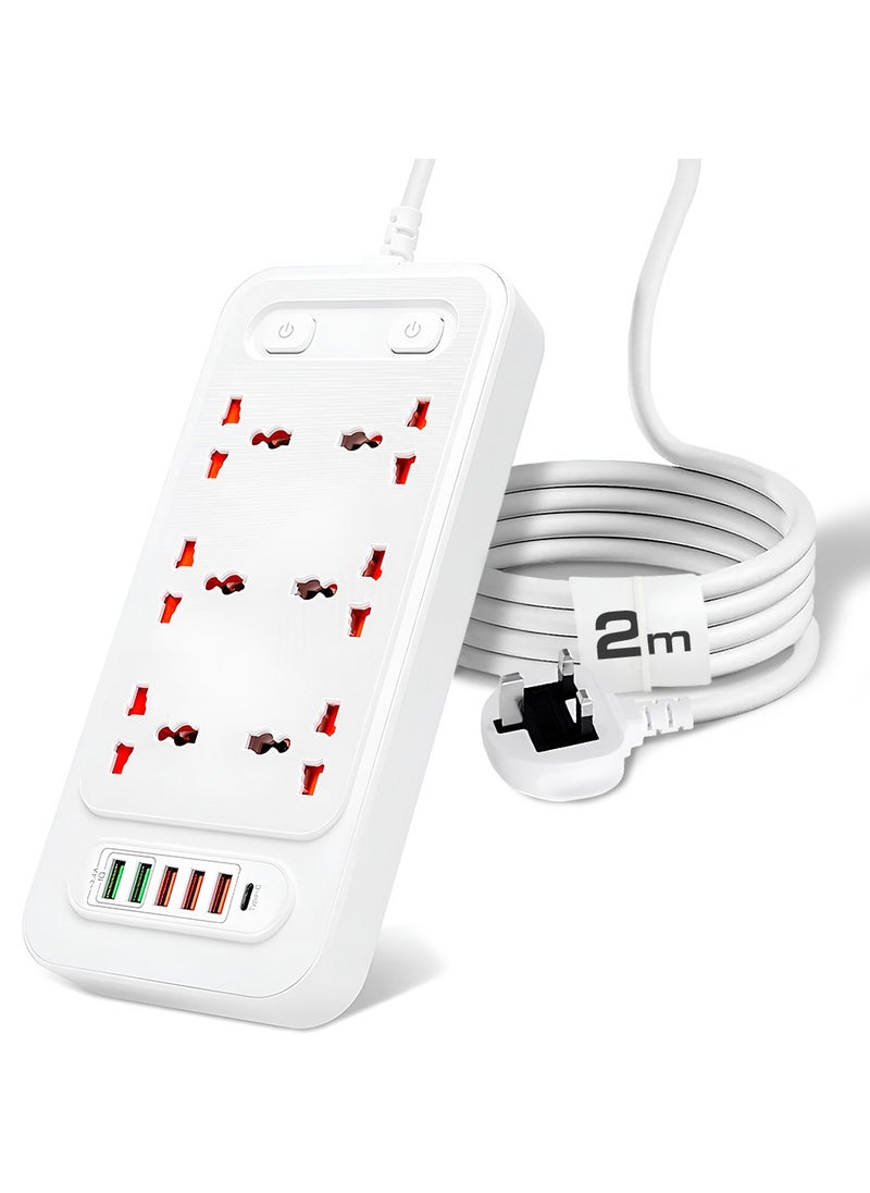AMROAH - 2m Power Strip Extension Cord with Multiple Protector Outlets 6 Plug Outlets 5 USB 3.4A 1 USB-C, Universal Extension Wire with Charging Socet for Home Office Dorm Building Phones Tablets - Image 1
