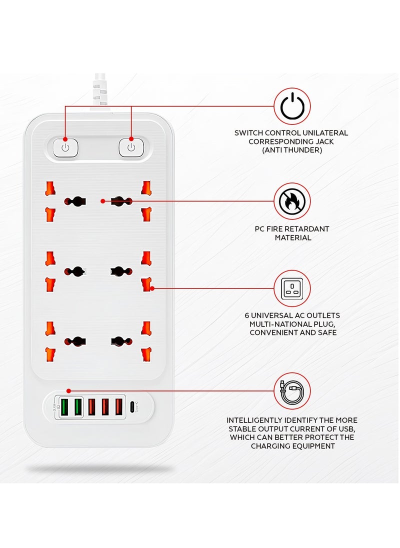 AMROAH - 2m Power Strip Extension Cord with Multiple Protector Outlets 6 Plug Outlets 5 USB 3.4A 1 USB-C, Universal Extension Wire with Charging Socet for Home Office Dorm Building Phones Tablets - Image 1
