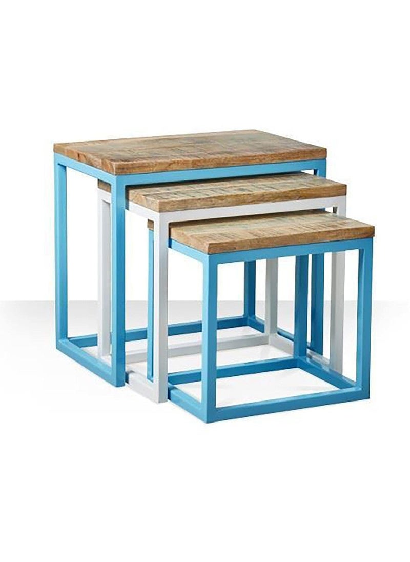 Generic MPM International Sheesham Wood Nesting Table Set of 3 Brown Blue  - Image 1