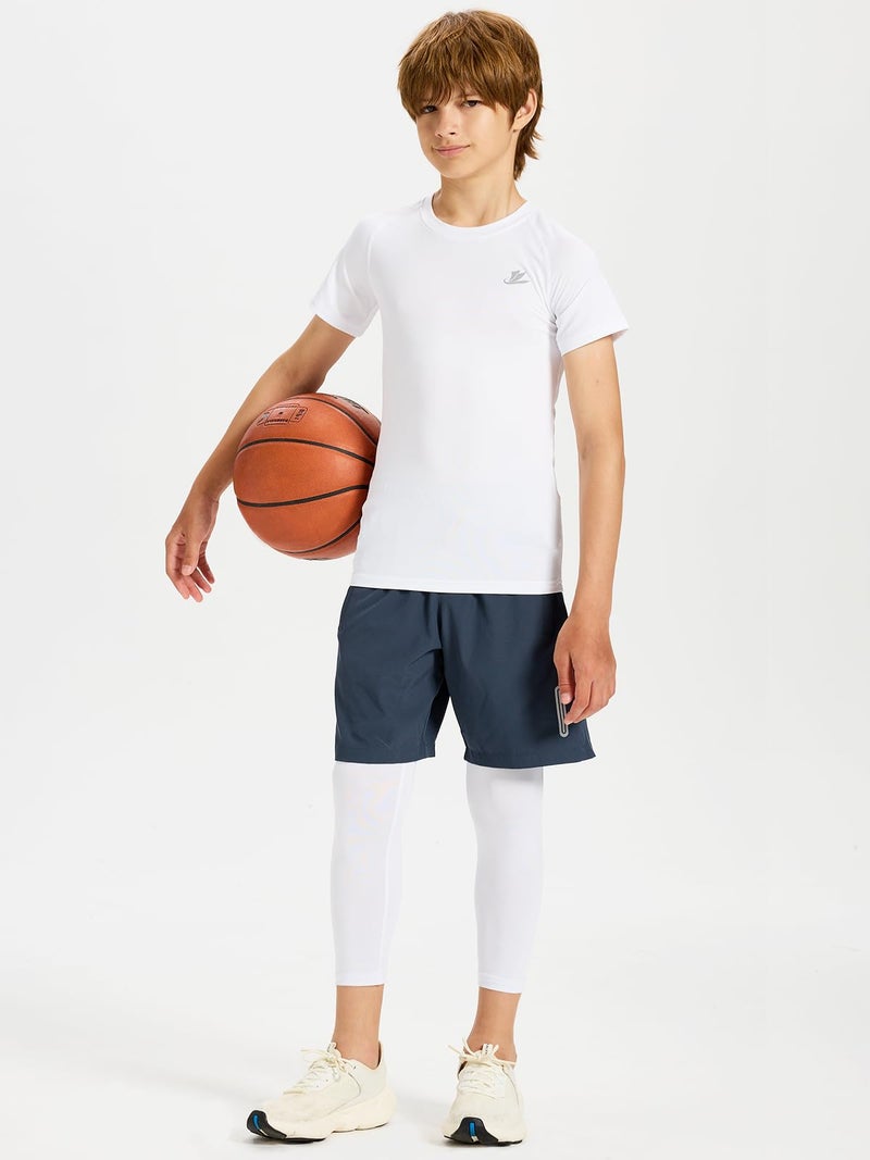 DEVOROPA Youth Boys Compression Pants 3/4 Length Sports Tights Leggings Soccer Basketball Base Layer White S - Image 4