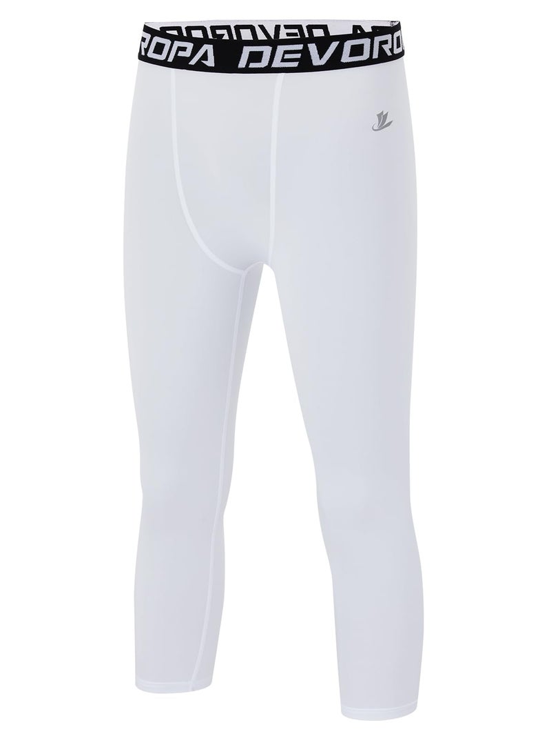 DEVOROPA Youth Boys Compression Pants 3/4 Length Sports Tights Leggings Soccer Basketball Base Layer White S - Image 1