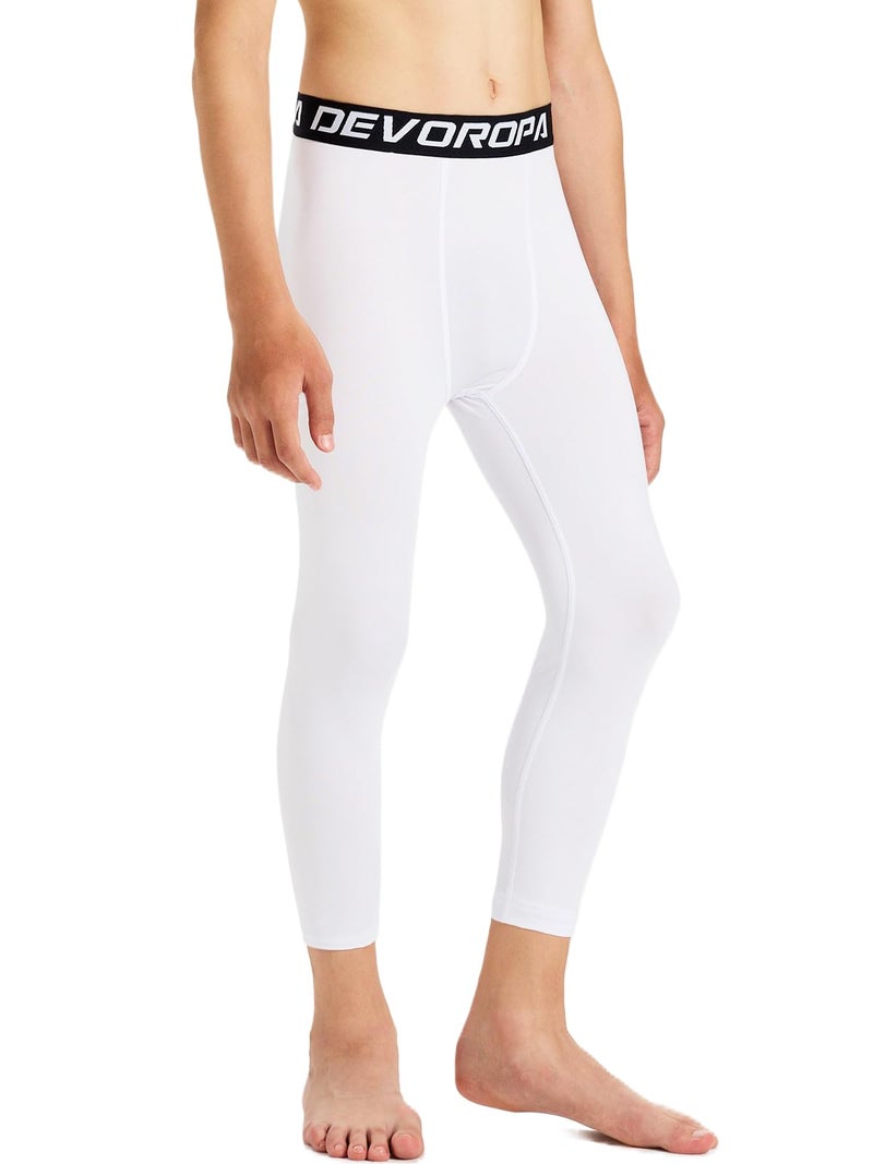 DEVOROPA Youth Boys Compression Pants 3/4 Length Sports Tights Leggings Soccer Basketball Base Layer White S - Image 2