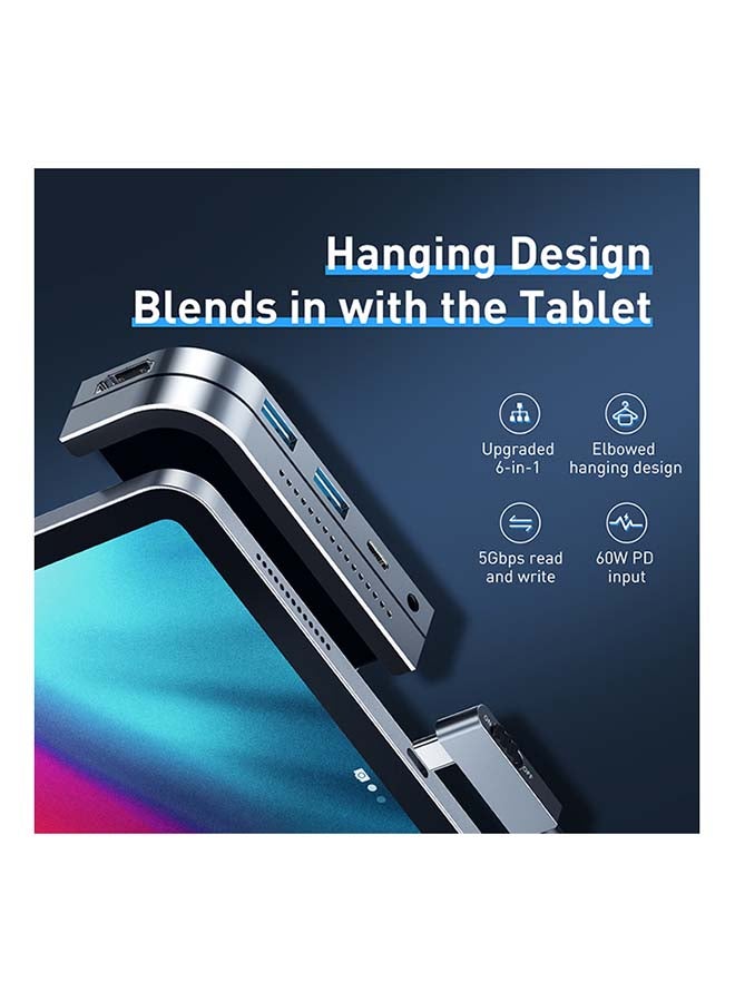 بيسوس موزع USB بقاعدة تثبيت (مطور) ومحول دونجل 6 في 1 غير مرئي بمنفذ HDMI بدقة 4K ومنفذي USB 3.0 ومنفذ USB-C بتقنية PD بقدرة 60 وات، ومنفذ مايكرو SD صوتي مقاس 3.5 مم لآي باد برو 2018 - 2019 - 2020 - 2021 وماك بوك برو رمادي قاتم - Image 2