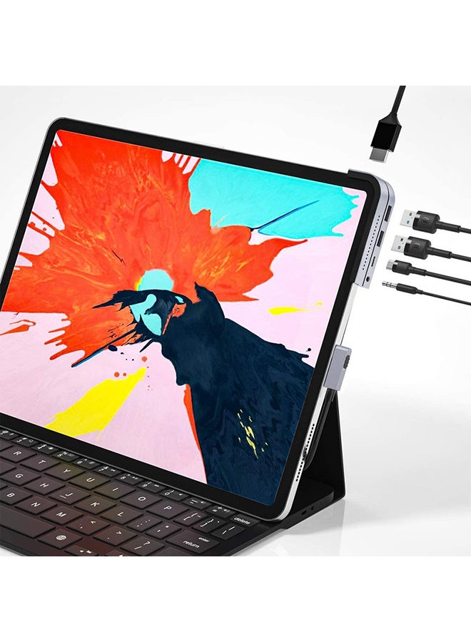 بيسوس موزع USB بقاعدة تثبيت (مطور) ومحول دونجل 6 في 1 غير مرئي بمنفذ HDMI بدقة 4K ومنفذي USB 3.0 ومنفذ USB-C بتقنية PD بقدرة 60 وات، ومنفذ مايكرو SD صوتي مقاس 3.5 مم لآي باد برو 2018 - 2019 - 2020 - 2021 وماك بوك برو رمادي قاتم - Image 1