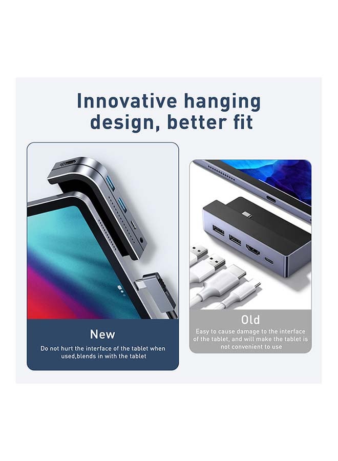 بيسوس موزع USB بقاعدة تثبيت (مطور) ومحول دونجل 6 في 1 غير مرئي بمنفذ HDMI بدقة 4K ومنفذي USB 3.0 ومنفذ USB-C بتقنية PD بقدرة 60 وات، ومنفذ مايكرو SD صوتي مقاس 3.5 مم لآي باد برو 2018 - 2019 - 2020 - 2021 وماك بوك برو رمادي قاتم - Image 4