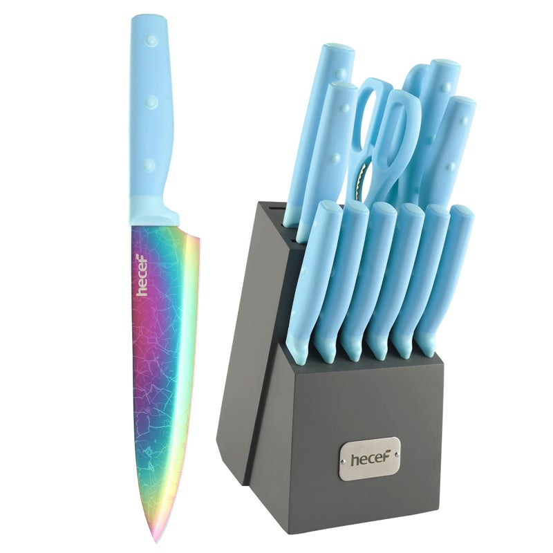 hecef 14 Pieces Knife Set with Block Rainbow Titanium Knives Set with Laser Pattern Martensitic Stainless Steel Chef Knife Set with Sharpener Steak Knife Scissors Mothers Day Gift