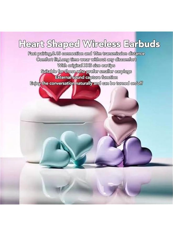 Heart Shaped Headphones, Stereo Earphones, Cute Earbuds, Noise Canceling Headphones, with Charging Case, for Music Calling Workouts Sport Trave School (Violett)