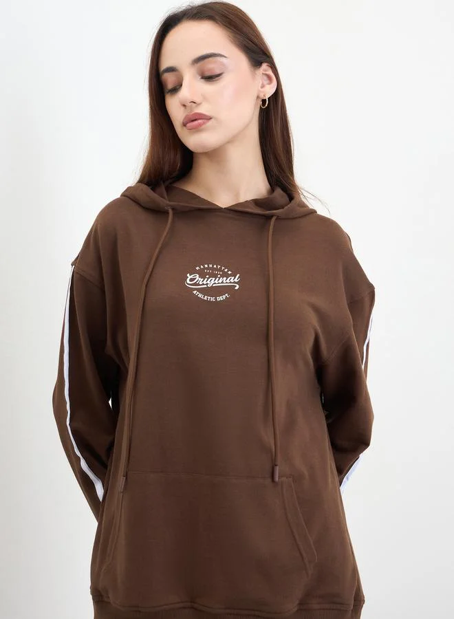 Styli  Brown Printed Longline Hoodie and Joggers Co-Ords for Women | Best Price UAE