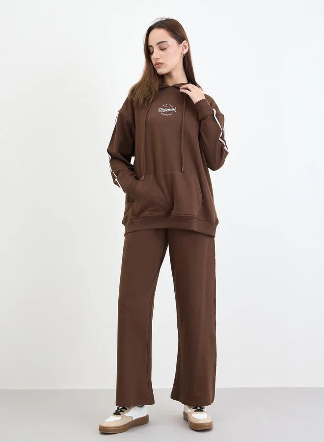 Styli Brown Printed Longline Hoodie and Joggers Co-Ords