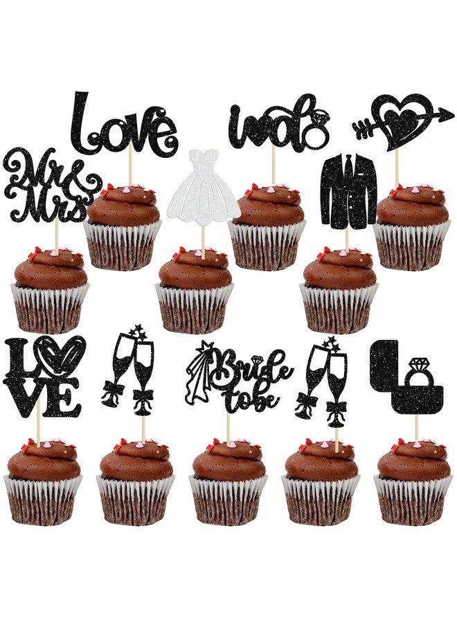 Ephlyn Ephlyn 30Pcs Bride to be Cupcake Toppers Glitter Wedding Cake Topper Decorations I Do Love Heart Ring Cupcake Picks for Bridal Shower Wedding Engagement Party Supplies Black  - Image 1