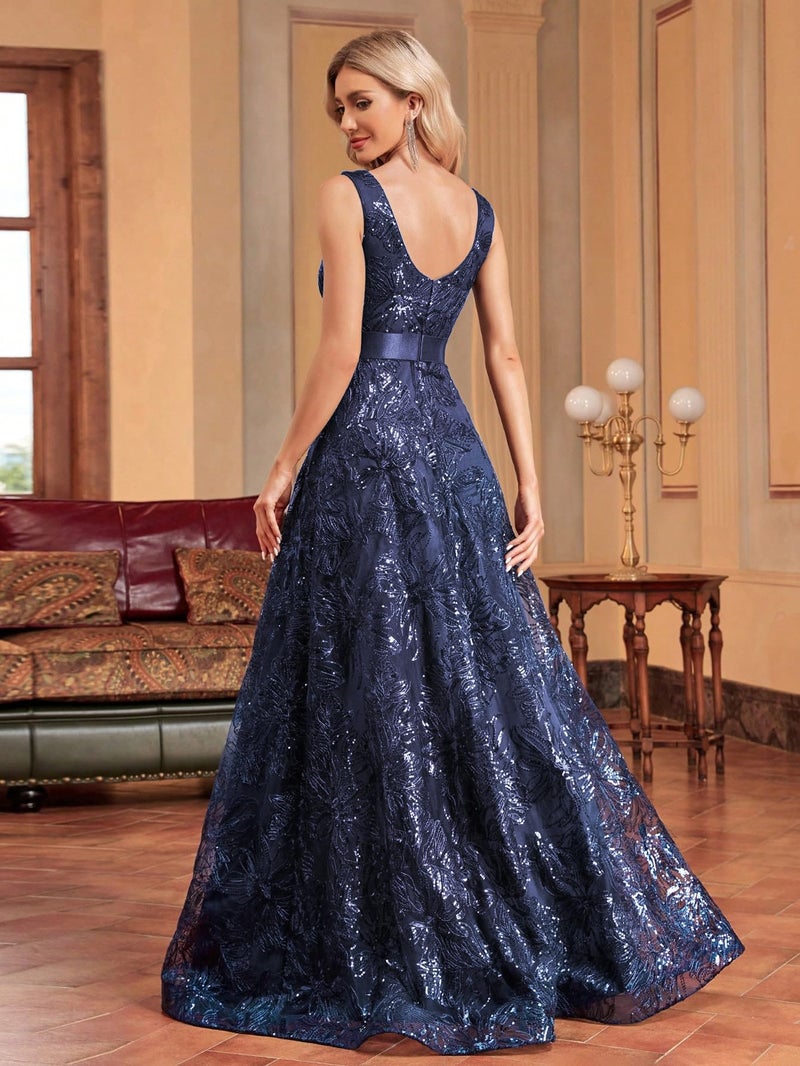 XUIBOL Sleeveless Glitter Sequined Womens Long Formal Gown Aline Prom Dress for Anchorwoman Floor Length Evening Dress Navy Blue XXL - Image 2