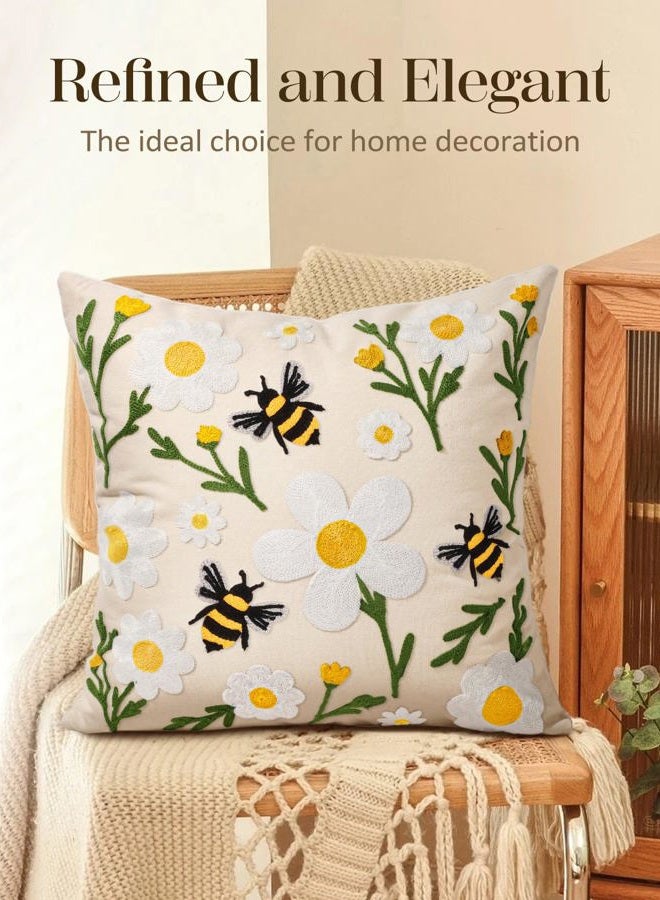 Kokaaee Embroidered Throw Pillow Covers 18x18 Inch - Summer Boho Decorative Pillow Cover with Zipper for Living Room Couch Sofa Bed Aesthetic Design Flower Bee Linen Cushion Pillowcase - Image 5