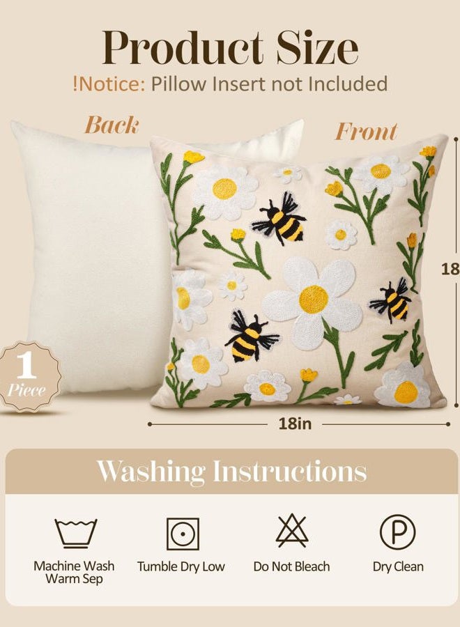 Kokaaee Embroidered Throw Pillow Covers 18x18 Inch - Summer Boho Decorative Pillow Cover with Zipper for Living Room Couch Sofa Bed Aesthetic Design Flower Bee Linen Cushion Pillowcase - Image 4