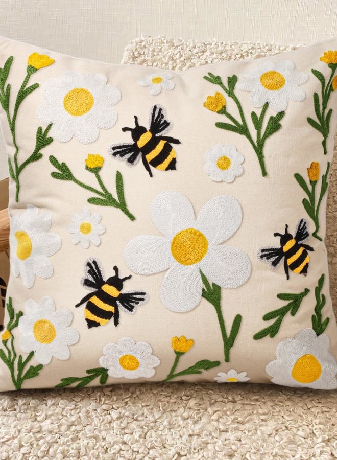 Kokaaee Embroidered Throw Pillow Covers 18x18 Inch - Summer Boho Decorative Pillow Cover with Zipper for Living Room Couch Sofa Bed Aesthetic Design Flower Bee Linen Cushion Pillowcase - Image 1