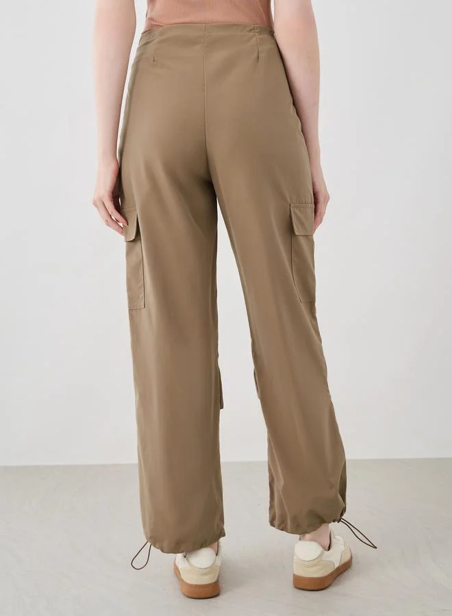 Take Two Take Two Women Khaki Solid Drawstring Hem Cargo Pants