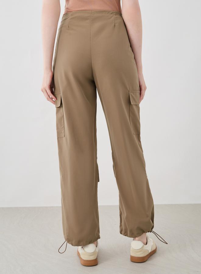 Take Two Take Two Women Khaki Solid Drawstring Hem Cargo Pants  - Image 4