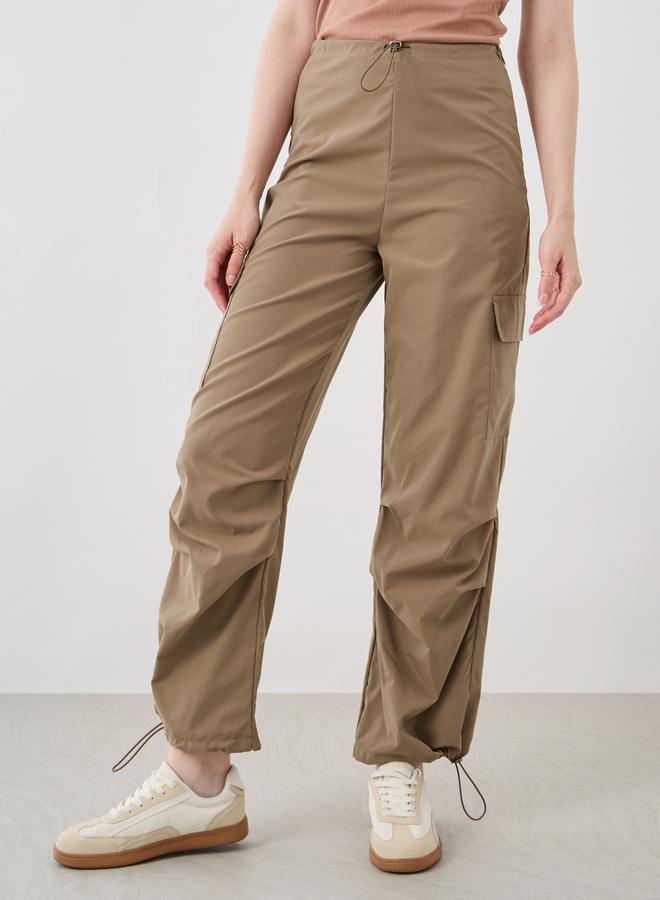 Take Two Take Two Women Khaki Solid Drawstring Hem Cargo Pants  - Image 2