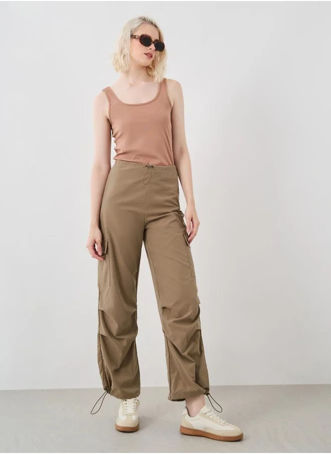 تايك تو Take Two Women Khaki Solid Drawstring Hem Cargo Pants