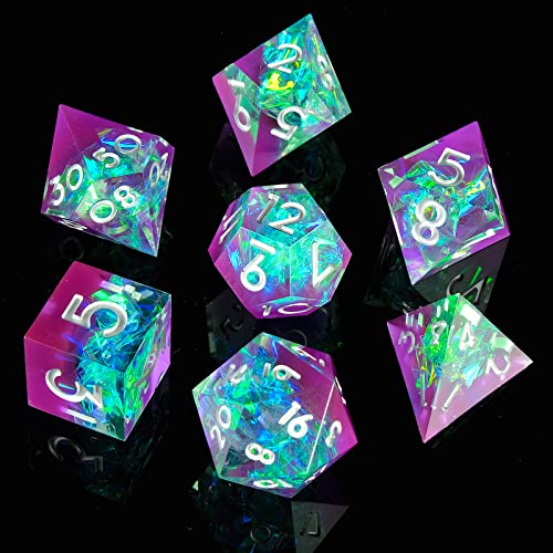 YEMEKO Sharp Edge DND Dice Set Handmade 7 Accessories Dice for Dungeons and Dragons TTRPG Games MultiSided RPG Polyhedral Resin Sharp Edge Dice Roleplaying Games Purple Green - Image 1