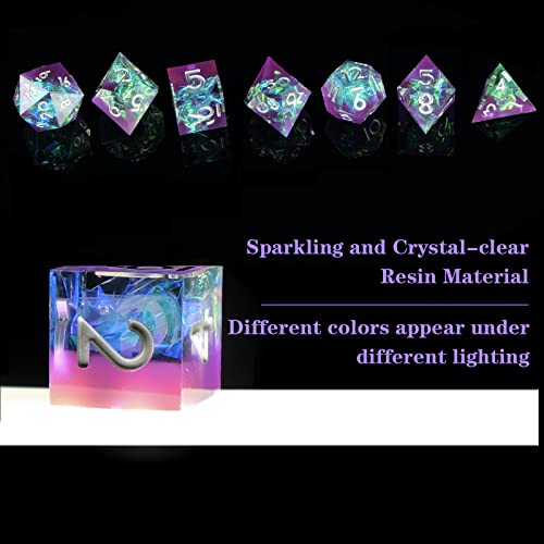 YEMEKO Sharp Edge DND Dice Set Handmade 7 Accessories Dice for Dungeons and Dragons TTRPG Games MultiSided RPG Polyhedral Resin Sharp Edge Dice Roleplaying Games Purple Green - Image 5