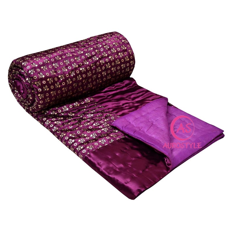 AUROSTYLE Rajasthani Cotton Filled Light Weight Silk Soft Jaipuri AC Quilt Dohar Over All Floral Print Design Blankets for Home 85x100 InchPurple Butti Print Double Bed - Image 3