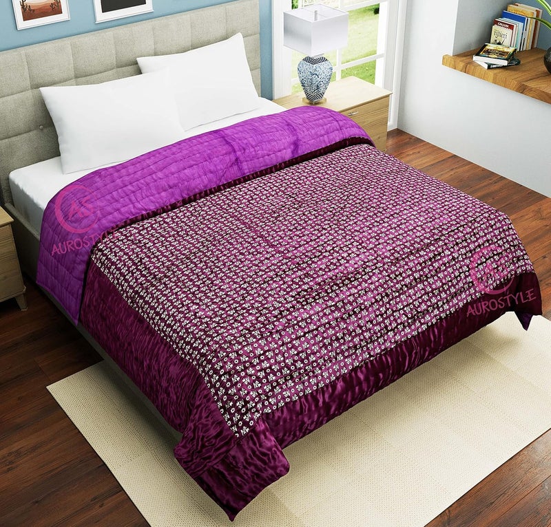 AUROSTYLE Rajasthani Cotton Filled Light Weight Silk Soft Jaipuri AC Quilt Dohar Over All Floral Print Design Blankets for Home 85x100 InchPurple Butti Print Double Bed - Image 2