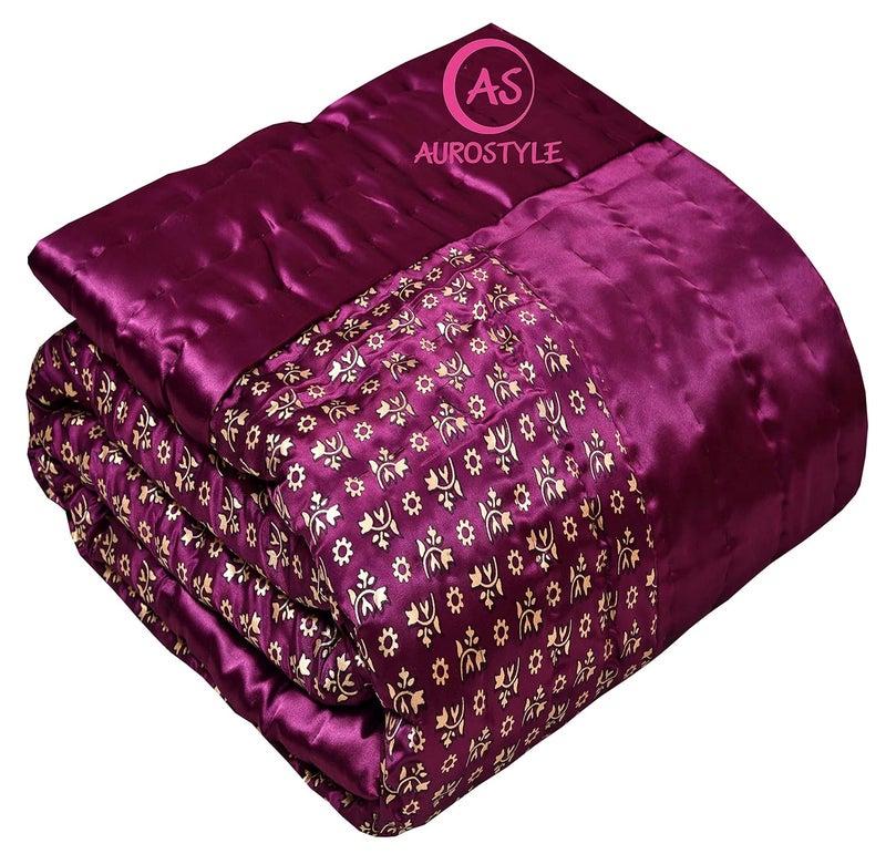 AUROSTYLE Rajasthani Cotton Filled Light Weight Silk Soft Jaipuri AC Quilt Dohar Over All Floral Print Design Blankets for Home 85x100 InchPurple Butti Print Double Bed - Image 1