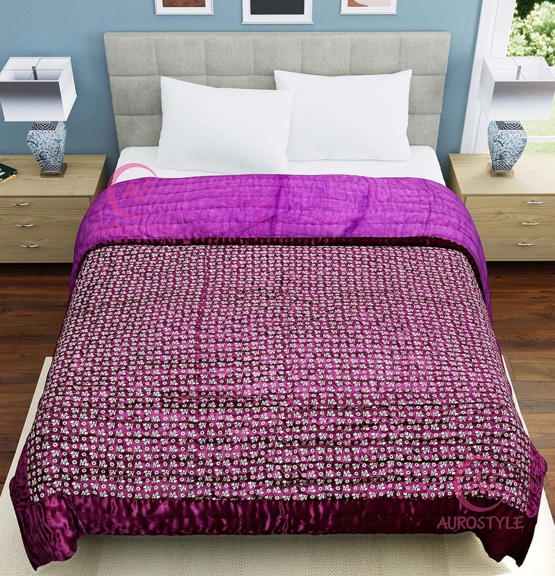 AUROSTYLE Rajasthani Cotton Filled Light Weight Silk Soft Jaipuri AC Quilt Dohar Over All Floral Print Design Blankets for Home 85x100 InchPurple Butti Print Double Bed - Image 4