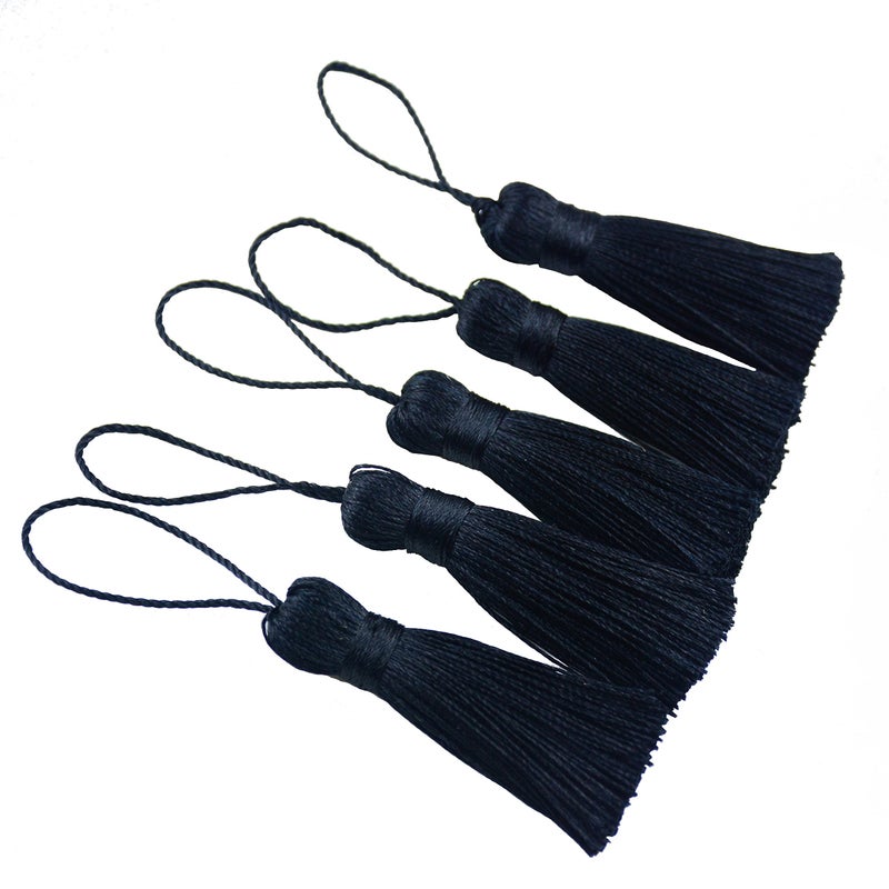 Makhry 20pcs 4.3 Inch Handmade Silky Floss Mini Tiny Craft Tassels with 2-Inch Cord Loop and Small Chinese Knot for Earrings, Souvenir, Bookmarks, DIY Craft Accessory,Tags (Black) - Image 2