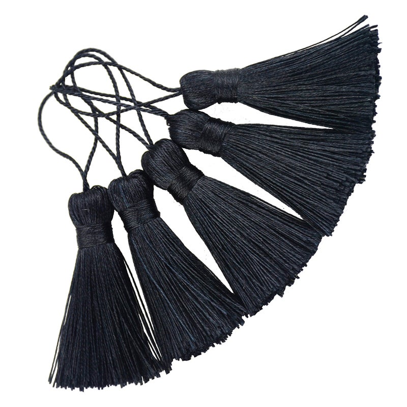Makhry 20pcs 4.3 Inch Handmade Silky Floss Mini Tiny Craft Tassels with 2-Inch Cord Loop and Small Chinese Knot for Earrings, Souvenir, Bookmarks, DIY Craft Accessory,Tags (Black) - Image 1