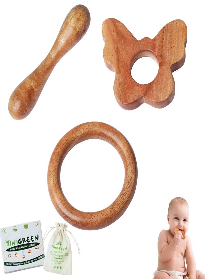 TINIGREEN Butterfly Ring Dumbbell Shaped Organic Neem Wood Teether Combo for Baby (Pack of 3) - Image 1