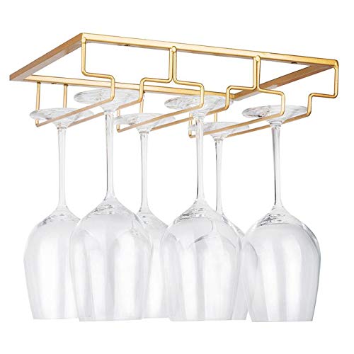 FOMANSH Wine Glass Rack Under Cabinet Stemware Wine Glass Holder Glasses Storage Hanger Metal Organizer for Bar Kitchen Gold