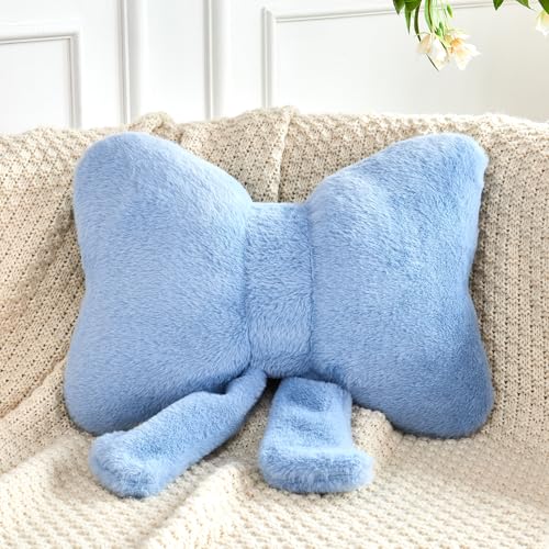 XVTRU Dusty Blue Bow Pillow Soft Bow Decorative Pillows with Faux Rabbit Fur Cute 12 Bow Throw Pillows Aesthetic Home Decor Bow Shaped Plush Pillow for Bedroom Sofa Couch - Image 1