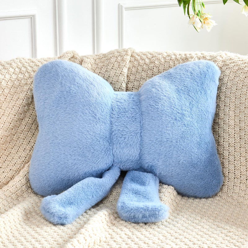 XVTRU Dusty Blue Bow Pillow Soft Bow Decorative Pillows with Faux Rabbit Fur Cute 12 Bow Throw Pillows Aesthetic Home Decor Bow Shaped Plush Pillow for Bedroom Sofa Couch - Image 2