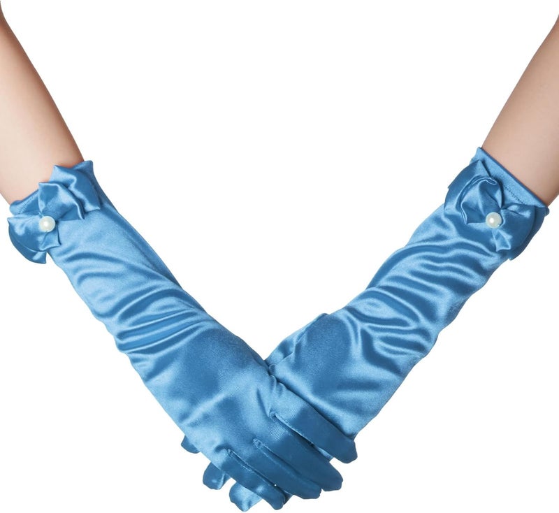 Yolyoo Girls Princess Gloves,Girl White Long Satin Princess Dress Up Diamonds Bows Gloves for Birthday,Wedding, Costume Party - Image 2