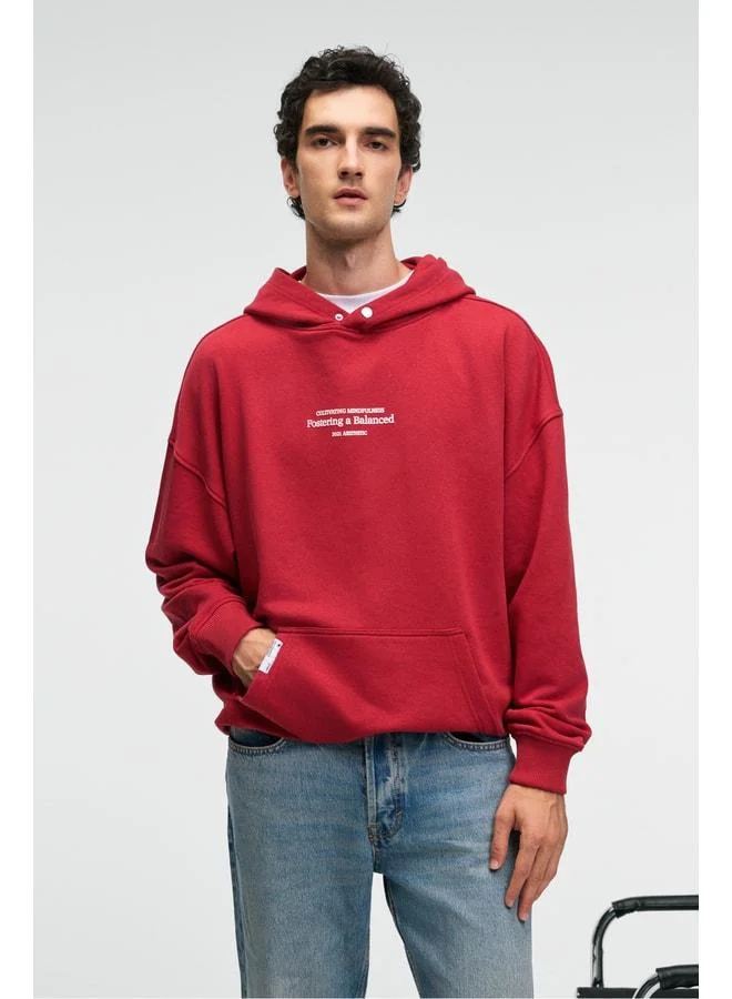 GRIMELANGE CLAY Men's 100% Cotton Hooded Snap‑Button Printed Pocket Decorative Tag Red Sweatshirt.