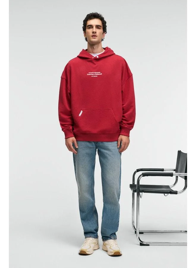 GRIMELANGE CLAY Men's 100% Cotton Hooded Snap‑Button Printed Pocket Decorative Tag Red Sweatshirt.