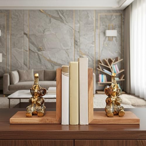 BEHOMA Elephant Bookends Set for Shelves | Premium Wooden Base with Aluminium Elephant Figurines | Heavy Book Stoppers for Kids Room, Home, Office | Perfect Birthday & Valentine’s Day Gift for Men - Image 2
