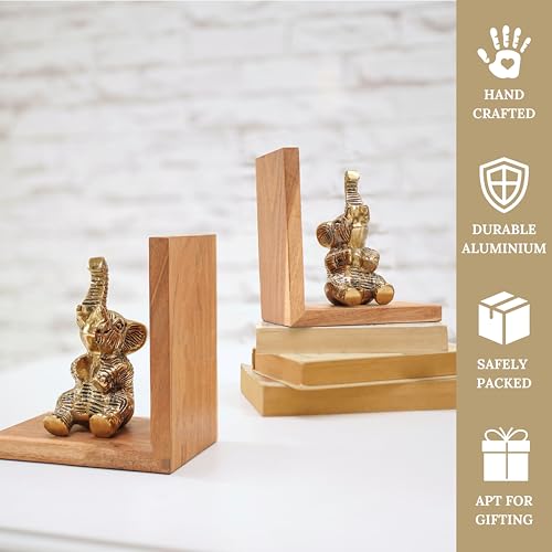 BEHOMA Elephant Bookends Set for Shelves | Premium Wooden Base with Aluminium Elephant Figurines | Heavy Book Stoppers for Kids Room, Home, Office | Perfect Birthday & Valentine’s Day Gift for Men - Image 4
