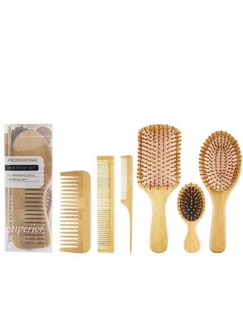 Natural Bamboo Comb Set Wooden Massage Hair Brush with Wide Tooth Comb and Grooming Comb for Women Men and Kids, Reduce Frizz and Massage Scalp