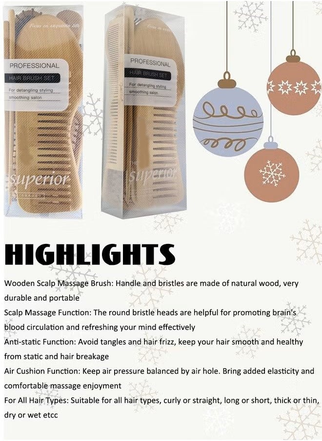 Natural Bamboo Comb Set Wooden Massage Hair Brush with Wide Tooth Comb and Grooming Comb for Women Men and Kids, Reduce Frizz and Massage Scalp