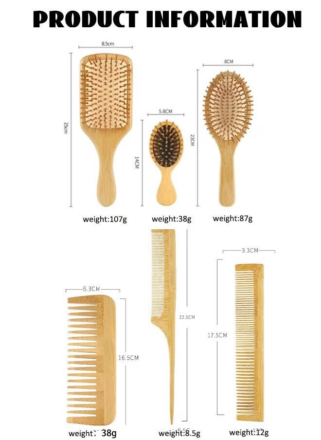 Natural Bamboo Comb Set Wooden Massage Hair Brush with Wide Tooth Comb and Grooming Comb for Women Men and Kids, Reduce Frizz and Massage Scalp