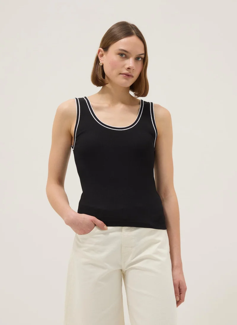 Ovs OVS Black Stretchy Cotton Regular Fit Tank Top With Trim