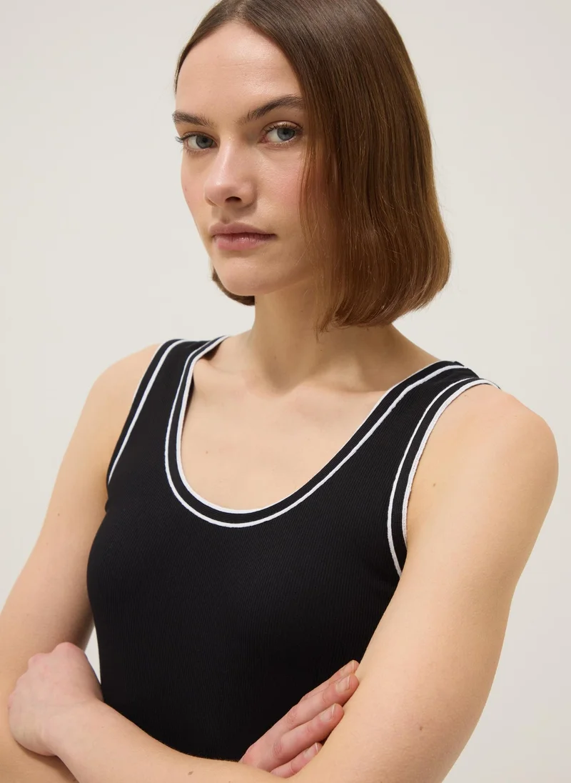 Ovs OVS Black Stretchy Cotton Regular Fit Tank Top With Trim