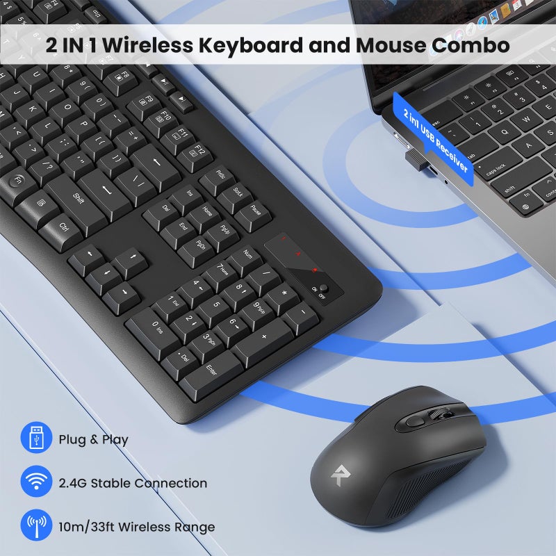 Redragon Wireless Keyboard and Mouse Combo, 2.4G Full-Sized Ergonomic Computer Keyboard with 5 Level DPI Adjustable Wireless Mouse, for Windows, Mac OS Desktop/Laptop/PC, BS-7367-A - Image 2