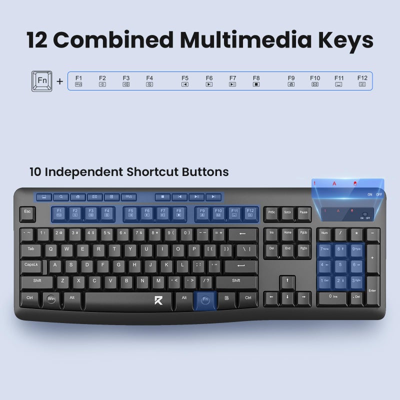 Redragon Wireless Keyboard and Mouse Combo, 2.4G Full-Sized Ergonomic Computer Keyboard with 5 Level DPI Adjustable Wireless Mouse, for Windows, Mac OS Desktop/Laptop/PC, BS-7367-A - Image 4