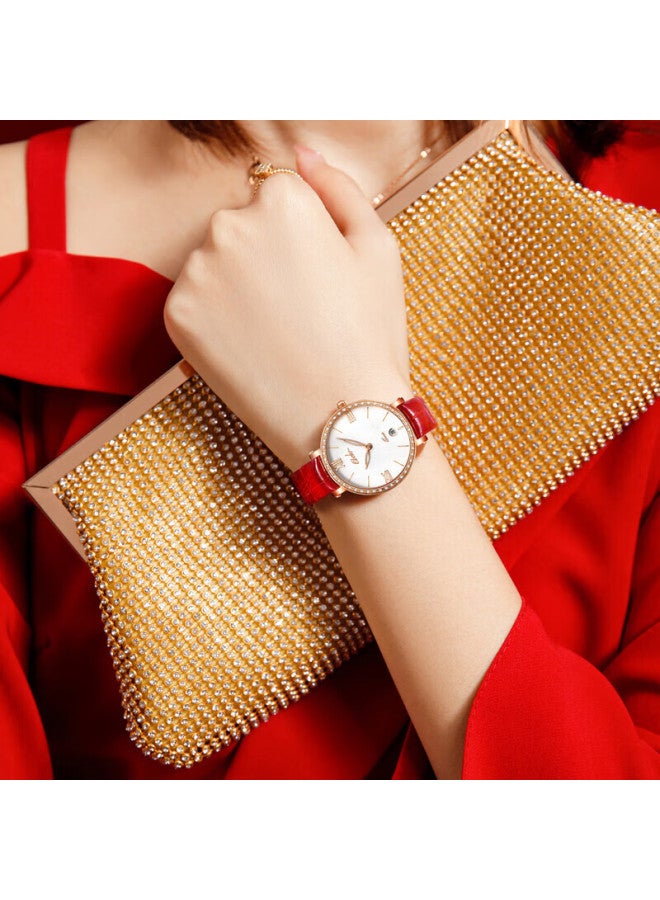 Ebohr Women's Watch With Red Leather Strap, Simple Diamond-encrusted Quartz Watch For Women, Birthday, New Year, Valentine's Day Gift For Girls