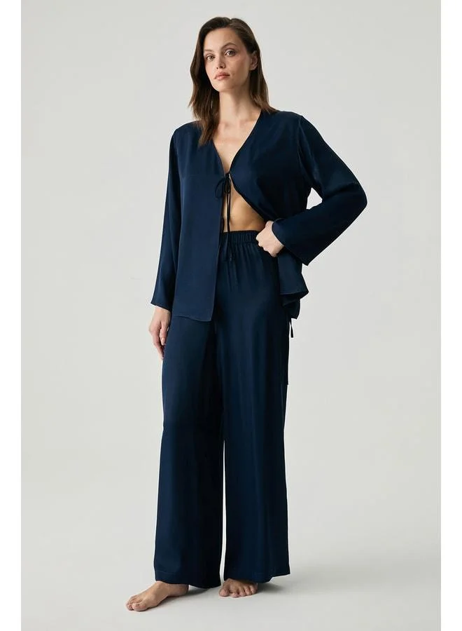 Penye Mood  Viscose satin-textured tie-up detailed pajama set. for Women | Best Price UAE