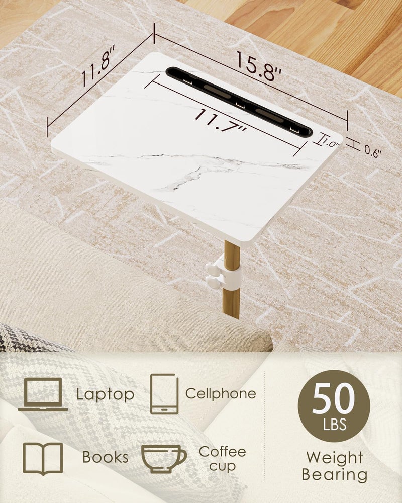 Masupu Sofa Arm Tray Table - 360Â° Swivel Height Adjustable End Table, Small Snack Side Table for Couch, C Shaped Table for Bed, Chair or TV Tray Table(Marble White and Gold) - Image 3