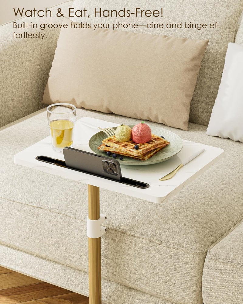 Masupu Sofa Arm Tray Table - 360Â° Swivel Height Adjustable End Table, Small Snack Side Table for Couch, C Shaped Table for Bed, Chair or TV Tray Table(Marble White and Gold) - Image 4